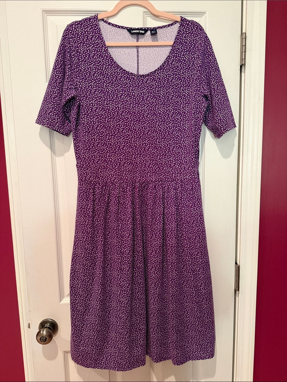 Lands' End Purple Scoop-Neck Fit & Flare Midi Dress with Micro Dot Print